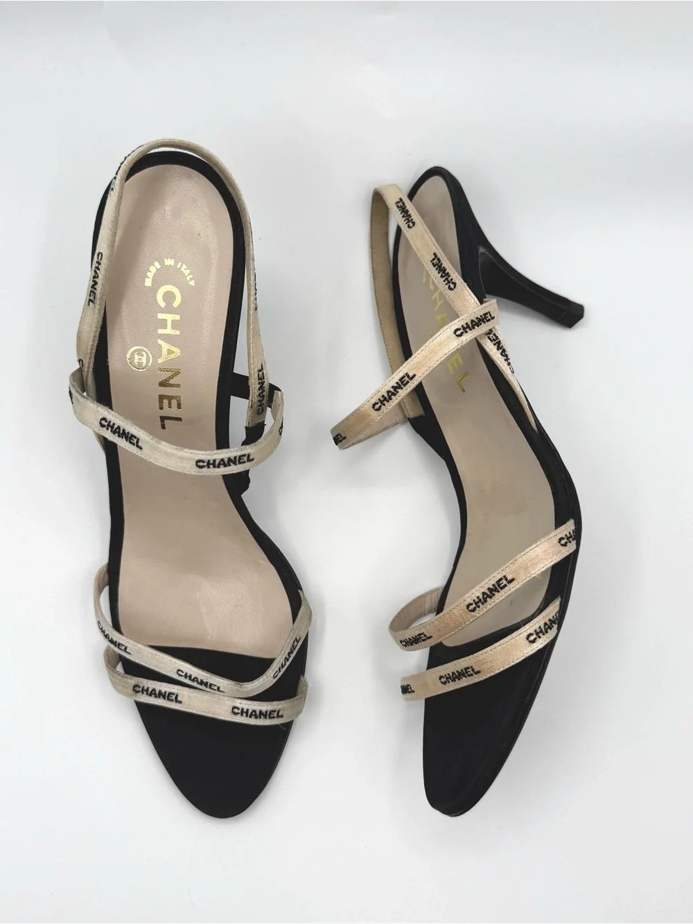 Vintage Chanel heeled sandals with white logo satin ribbon straps size 40